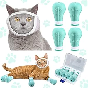 Hillban Cat Muzzle for Grooming with 4 Silicone Boots Breathable Transparent Cat Face Guard Silicone Cat Claw Covers Anti Scratch Cat Booties to Prevent Scratching Biting Bathing Trimming (Medium)
