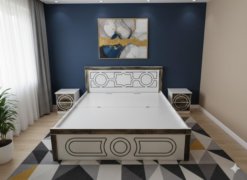 Modern Bedroom Furniture Set with Geometric Design, White and Brown, Platform Bed [180 * 200] with Matching 2 Nightstands [50 * 50CM] [WITHOUT MATTRESS]