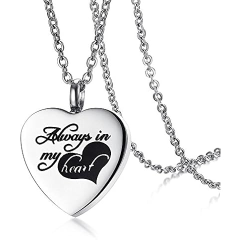 TTVOVO Cremation Urn Necklace for Ashes Memorial Keepsake Ashes Holder Always in My Heart Carved Locket Charm Pendant Necklaces for Men Women Stainless Steel Remembrance Bereavement Waterproof Jewelry Cover