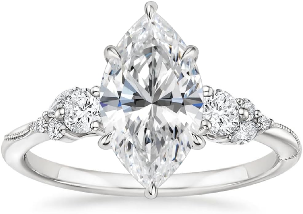 10K Solid White Gold Handmade Engagement Ring 3.0 CT Marquise Cut Moissanite Diamond Solitaire Wedding/Bridal Rings Set for Womens/Her Propose Ring