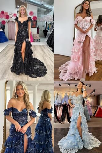 UZN Off Shoulder Tiered Tulle Prom Dresses Long Mermaid Lace with Slit Formal Evening Party Gowns4