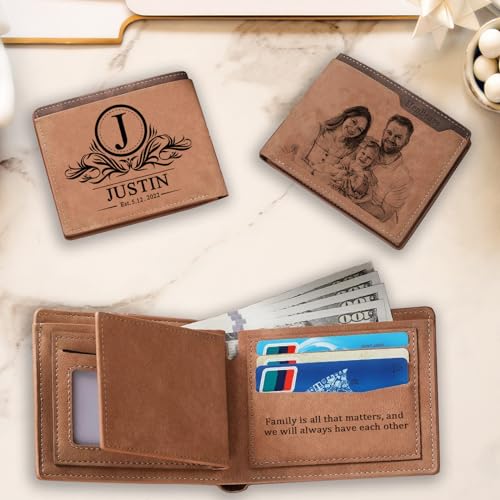 Customized Personalized Wallets for Men,Photo,Name Engraved Leather Wallets,Boyfriend Husband Fathers Day Dad Grandpa Gift (Style 3)3
