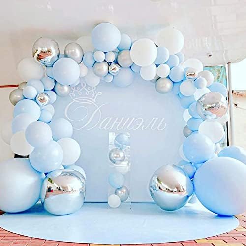 Baby Blue Balloon Garland Arch Kit - 114pcs DIY Light Blue Metallic Silver Matte White Macaron Blue Balloons, Baby Shower Decorations Birthday Wedding Bridal Shower Baby Boy Girl Party Supplies