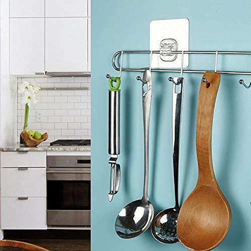 Image of iSTAR Heavy Duty Adhesive Wall Hooks Rack | No Drill Multipurpose Kitchen & Bathroom Organizer | Strong Self Adhesive Hanging Hooks for Towels, Utensils, Clothes, Bags (6 Hooks) - Silver