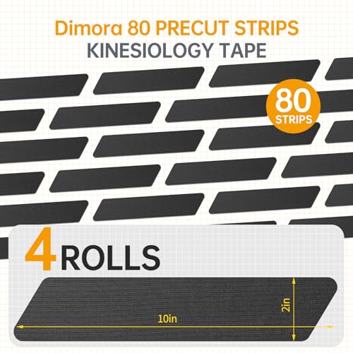 Dimora Kinesiology Tape, 80 Count Precut Strips 4 Rolls, Original Cotton, 10” Elastic Athletic Tape for Muscle Pain Relief and Joint Support, Black