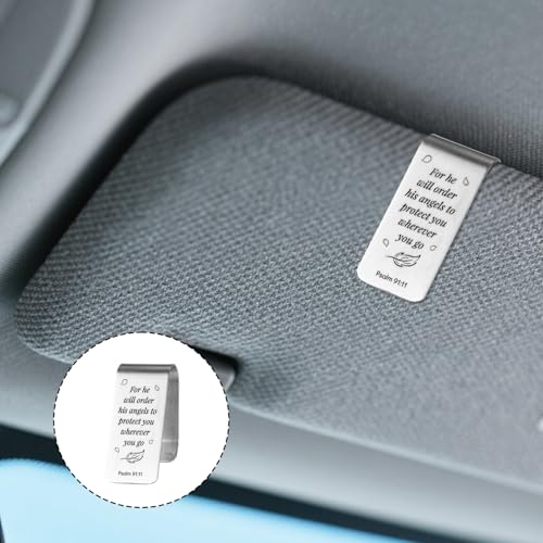 Image of Penitue Engraved Stainless Steel Car Visor Clip, He Will Order His Angels to Protect You Guardian Funny Visor Picture Clip for Safe Travel Religious New Drivers Gift Photo Accessories Men Women