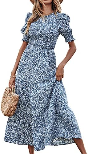 BTFBM Women Casual Summer Dresses 2026 Spring Crew Neck Ruffle Short Sleeve Smocked Floral Boho Flowy Maxi Dress Clothes