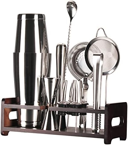 Finneshoky Kit de barman plateado, juego de coctelera de 12 piezas, herramientas de barra de acero inoxidable con soporte de bambú, latas de