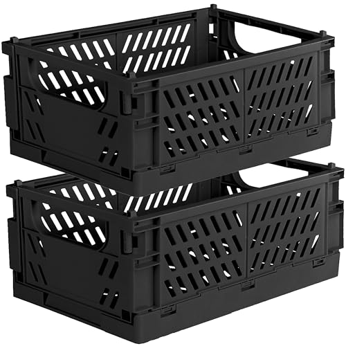 Image of Tixill 2-Pack Mini Foldable Plastic Storage Box Mini Plastic Baskets for Organizing and Storage for Home Kitchen Bedroom Bathroom Office. (Black, 16x11x6)