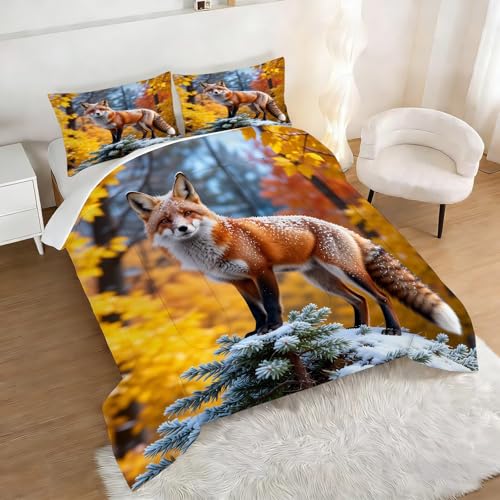 Image of Wildlife Fox Comforter Set Full Size Red Fox Snowy Pine Tree Print Bedding Sets for Girls Boys Kids Adults Bedroom Decor Autumn Forest Quilt 1 Comforter 2 Pillowcases