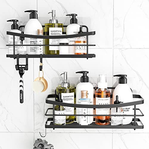 Odesign Shower Caddy Storage With Removable 4 Hooks Adhesive Shower Shelf Basket No Drilling Rustproof Kitchen Spice Racks Bathroom Organizer - 2 Pack (Black) #TOP17