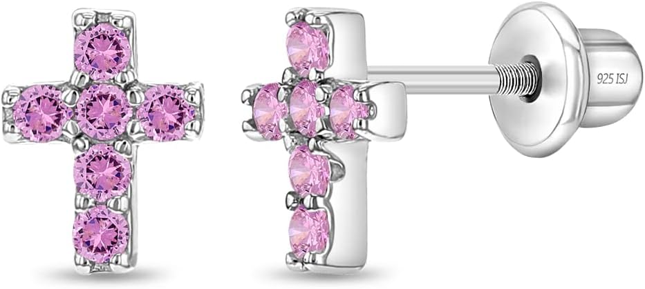 In Season Jewelry CZ Little Cross Kids Earrings - 925 Sterling Silver Hypoallergenic Earrings for Girls with Secure Screw Backs - Safe & Comfortable for Toddlers, Kids & Little Girls
