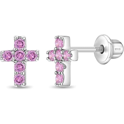 In Season Jewelry CZ Little Cross Kids Earrings - 925 Sterling Silver Hypoallergenic Earrings for Girls with Secure Screw Backs - Safe & Comfortable for Toddlers, Kids & Little Girls