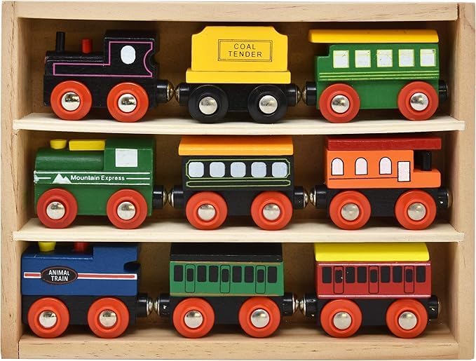 Miniatura 6 de Coches de tren de madera, colección de 9 piezas de trenes magnéticos, motores y vehículos de madera compatibles con todas las principales marcas, un
