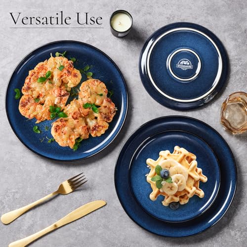 Image of E-far 8 inch Ceramic Salad Plates Set of 6, Reactive Glaze Stoneware Dishes, Round Dessert Plate for Home Kitchen Restaurant, Microwave & Dishwasher Safe - Deep Sea Blue
