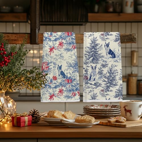 Image of Christmas Blue Boston Terrier Kitchen Towels Set 2,Vintage Dog Lover Gifts Dish Tea Towels for Kitchen, French Chinoiserie Holiday Decorative Hand Towel for Bathroom, 16x24 Inch
