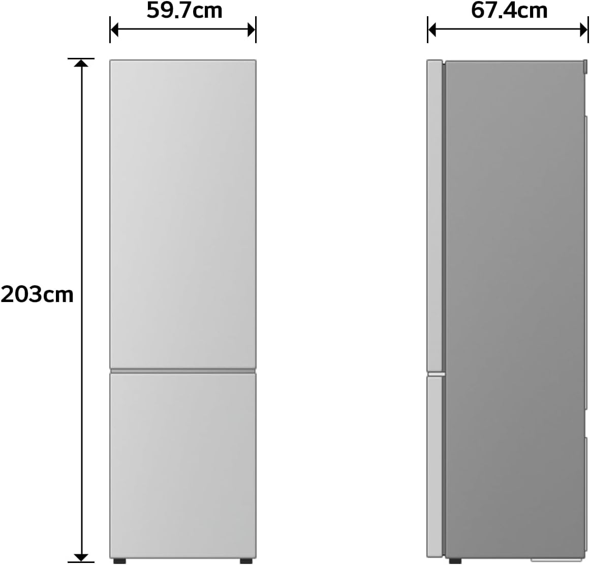 Diagram showing the dimensions of the LG GBBS322CPY refrigerator: 59.7cm width, 67.4cm depth, 203cm height.