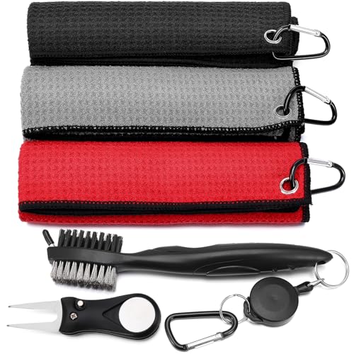 Newofview 3-in-1 Golfzubehör Set,Mikrofaser Handtuch mit Karabiner,Golfschlägerbürste Faltbare Pitchgabel Golf Accessoires für Herren, Rot Grau Schwarz
