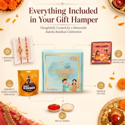 Image of Gifticon Rakhi Set for Brother with Chocolate | Premium Designer Rakhi, Chocolate, Roli Chawal, Greeting Card & Premium Gift Box | Rakhi Hamper for Raksha Bandhan | Ganesh Ji & Rudraksh Rakhi