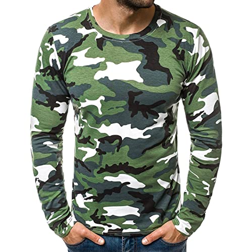 Men's Comfort Camouflage Long Sleeve T-Shirt Fashion Casual Slim Fit Basic Henley Round Neck Workout Stretch Tees (Large,Green)