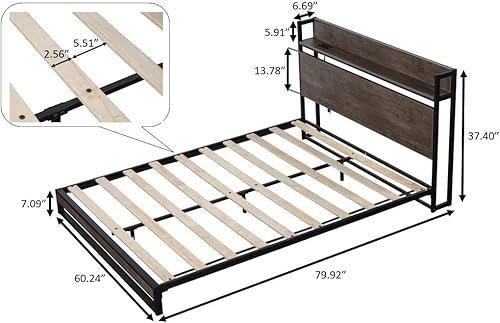 Miniatura 2 de Base de cama de plataforma tamaño Queen con cabecera de madera almacenamiento debajo de la cama no necesita somier sin ruido