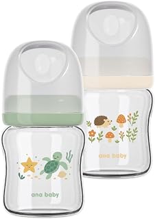 ana baby Babyflasche aus reinem Glas | Babyflaschen aus BPA-freiem Borosilikatglas mit weichem Silikonsauger, belüftetem Anti-Colic System | Unter dem Ozean & Wald (120 ml x 2)