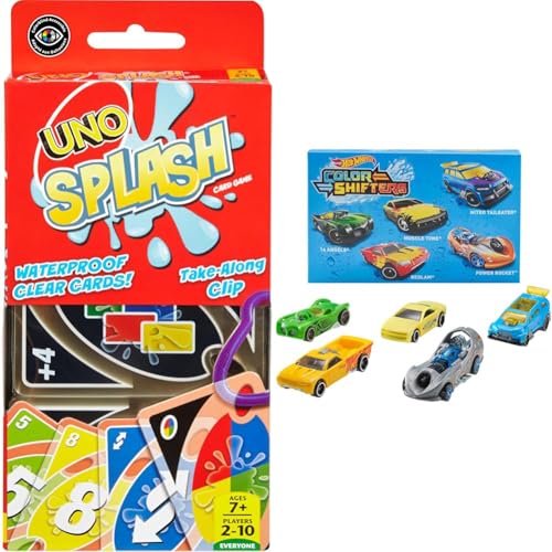 Image of Bundle of Mattel Games UNO Splash Card Game with Water-Resistent Plastic Cards + Hot Wheels Color Shifters Toy Cars, Set of 5 Vehicles that Change Color in Water (Styles May Vary) (Amazon Exclusive)