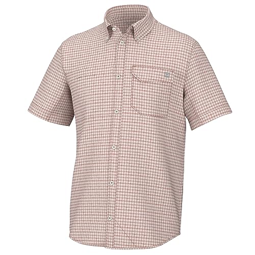 HUK mens Tide Point Pattern Short Sleeve Shirt, Fishing Button Down Shirt, Mini Check - Baked Clay, Small US