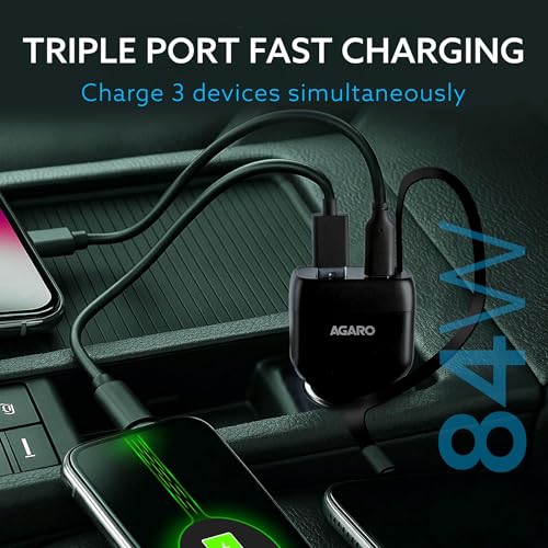 Image of AGARO Turbo 84W 3 in1 Car Charger with 86 cm Retractable Cable (30W Type-C PD) & Dual Port (18W USB-A & 30W Type-C) for Android, iPhone, iPad, Earbuds, Tablet, Power Bank & USB-powered devices (Black)
