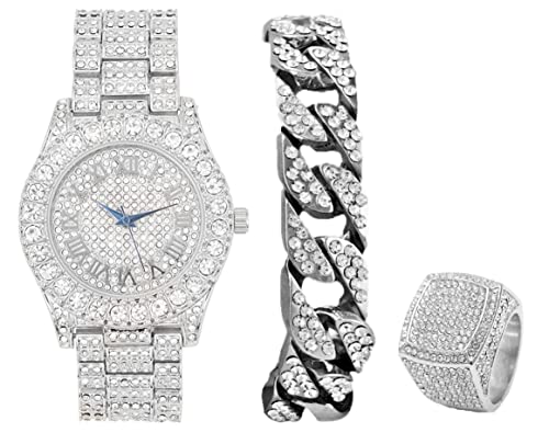 Montre homme avec cadran à chiffres romains bracelet bague argenté ST10327SET3PC