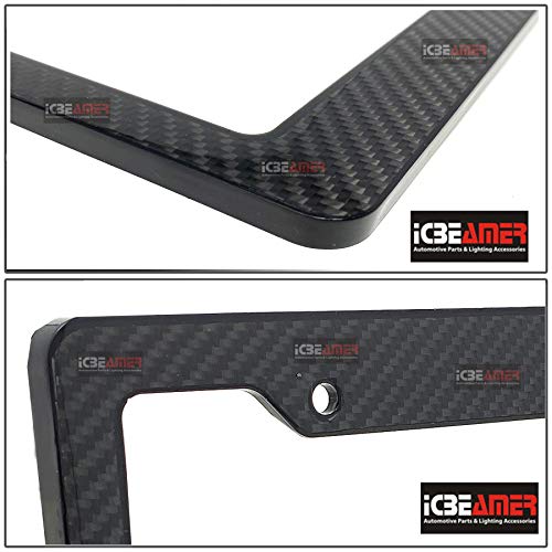 Icbeamer License Plate Frames- Gloss Real Carbon Fiber Waterproof Black Plastic For Auto Vehicle Truck Van [Pack 2 Pcs] #TOP3