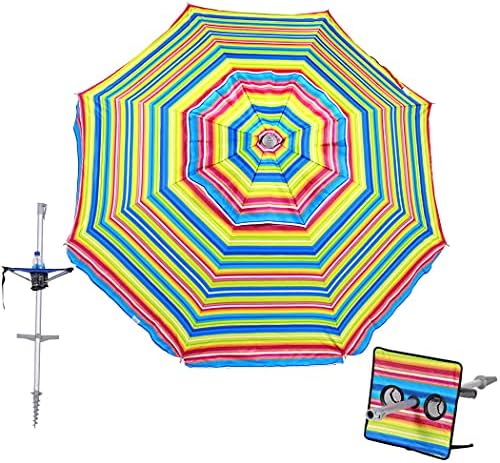 7 ft Fiberglass Beach Umbrella for Sand with Integrated Anchor, Integrated Folding Table, Telescopic Aluminum Pole, UPF 50+, Tilt