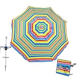 7 ft Fiberglass Beach Umbrella for Sand with Integrated Anchor, Integrated Folding Table, Telescopic