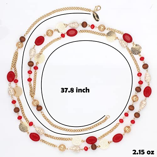 Bocar Link Chain 2 Layer Crystal Wood Acrylic Colorful Women Party Long Necklace Gift (Nk-10084-Red) #TOP4