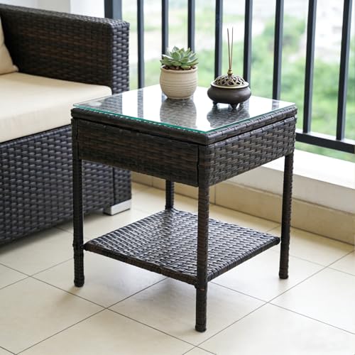 Outdoor Patio Wicker Table Rattan Side Table Modern Patio End Side Table with Glass Countertop and Storage Space for Porch Garden Balcony