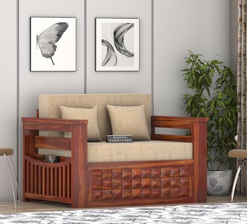 Image of Sheesham Wooden 2 Seater Sofa Cum Bed with Mattresses for Home Living Room | Rosewood 2 Seater Sofa Cums Bed for Bedroom Without Pillow | Solid Wood Sofa Bed (Honey D, 2 Seater)