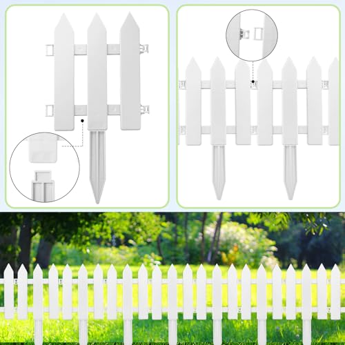 Anglechic 24 Pack White Garden Fence with 24 Insert Lawn Picket Fence Garden Border Decorative Plastic Panels for Landscape Path Flowerbeds Plant Yard, 6.69\'\' L x 7.87\'\' H
