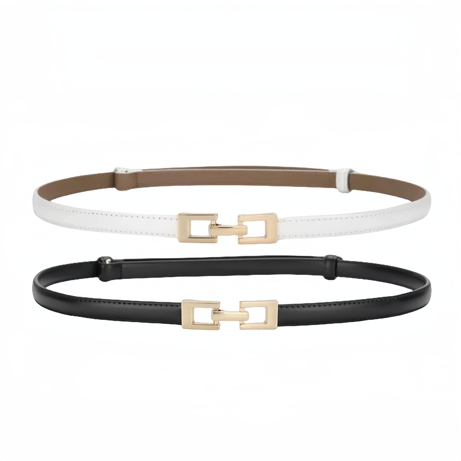 YZFSM 2 Pack Women Skinny Leather Belt Golden Buckle Adjustable Fashion Belts Thin Waist Belt For Dress Jeans Coat (Black+White)
