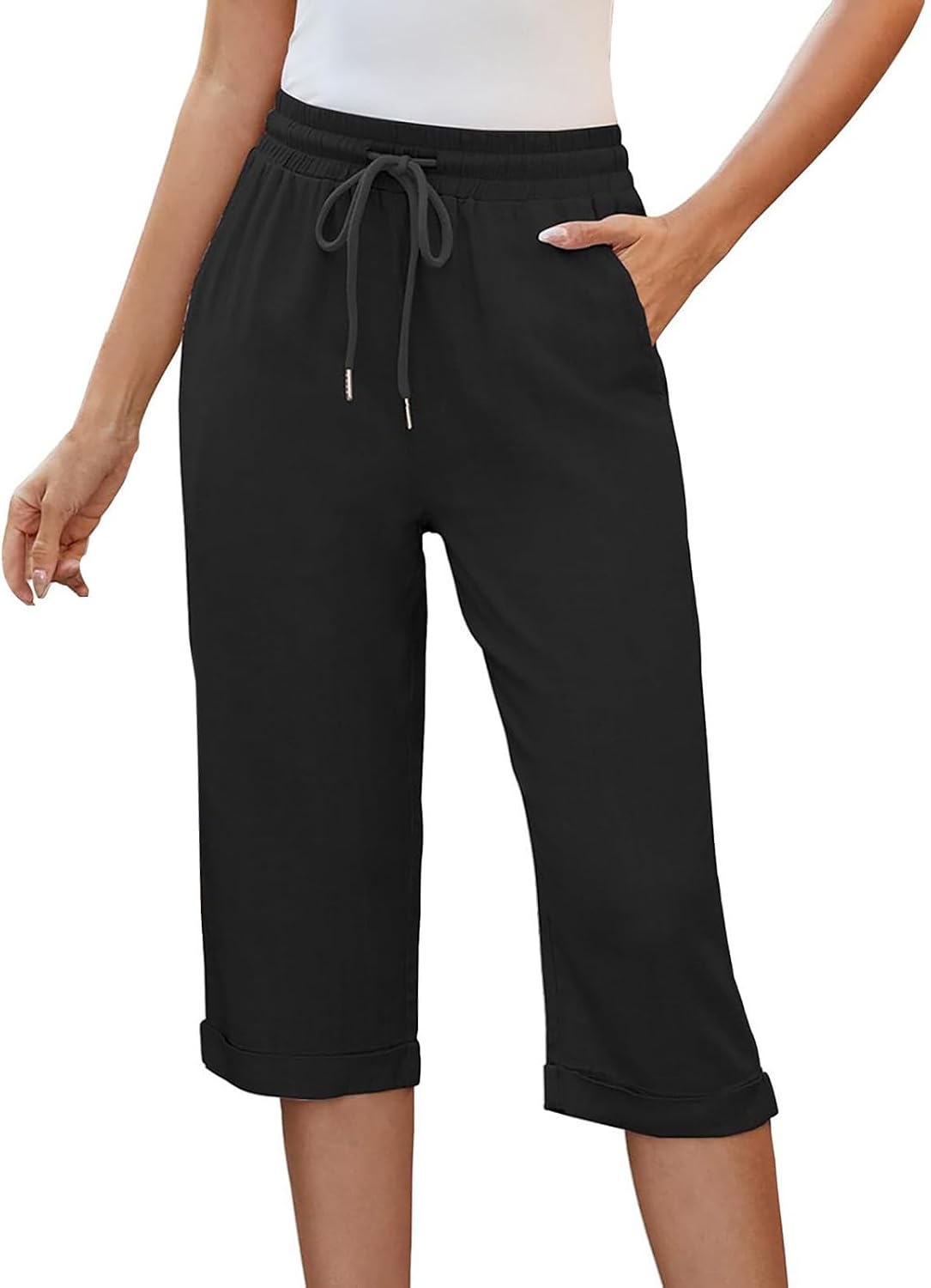 Women's Wide Leg Linen Capri Pants Casual Cotton High Waist Cropped Palazzo Summer Trousers with Pockets