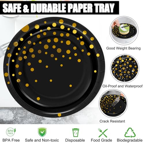 Disposable Paper Plates for Party Supplies, 7IN 50PCS Black and Gold Dessert/Cake Plates, Heavy Duty Gold Party Plate for Birthday, Graduation, Father's Day,Retirement,Anniversaries,Thanksgiving Party — view 4