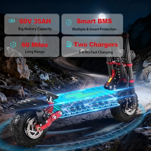 Image of 6000W Electric Scooter Dual Motor Up to 55 MPH, 60V35Ah Battery 60 Miles Long Range, Dual Suspension and Hydraulic Disc Brakes, Fat Tires NFC Unlock Fast Electric Scooter with seat & Damper