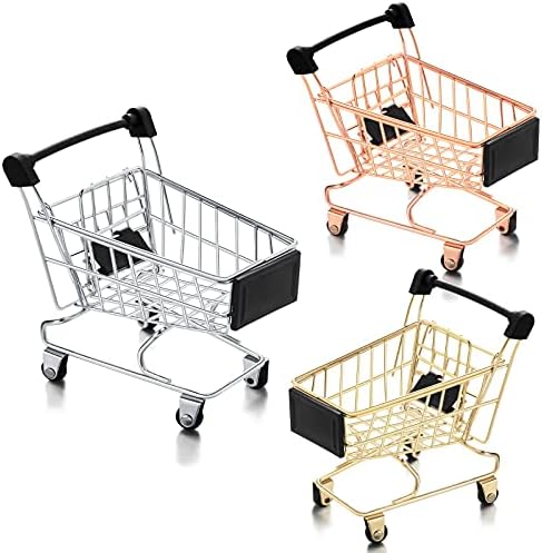 Hotop 3 Pieces Small Shopping Cart 3 Colors Mini Shopping Cart Supermarket Handcart Shopping Utility Cart Kids Metal Shopping Cart Mode Storage Toy Shopping Carts (1821)