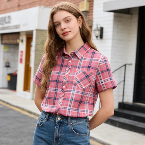 Image of SANGTREE Girls and Women Plaid Shirt Short Sleeve Button Down Summer Blouses Tops