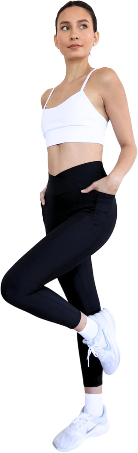 Women V Cross Waist Butt Lifting Ribbed Leggings with Pockets High Waisted Yoga Pants - Image 2