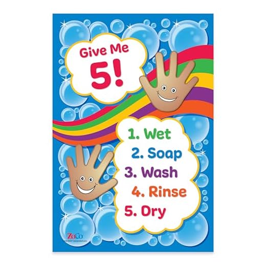 Safety Magnets ZOCO – Give Me 5 Handwashing Poster – Wash Your Hands Sign for Kids – Laminated 12x18 – Preschool, Daycare, School Nurse & Classroom Bathroom Decor