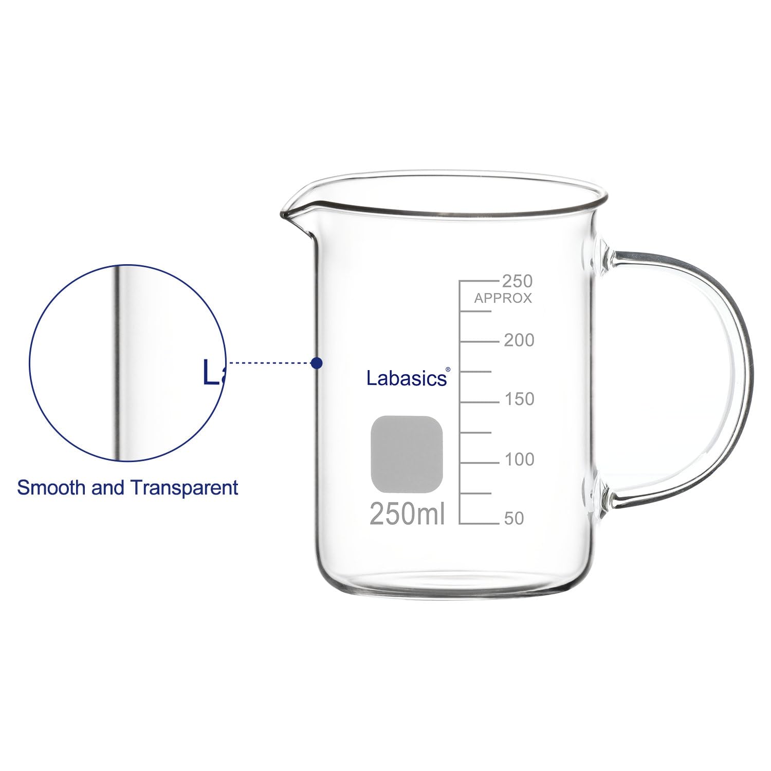Labasics Bicchiere di Vetro, G3.3 Bicchiere Graduato in Vetro Borosilicato da Laboratorio Bicchiere di Misura Trasparente Bicchiere di Forma Bassa Griffin con Manico e Beccuccio, 250 ml