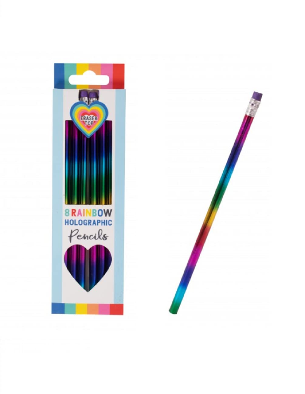 Pack of 8 - Kids Stationery Holographic Rainbow Pencils With Eraser Top, Multicolor