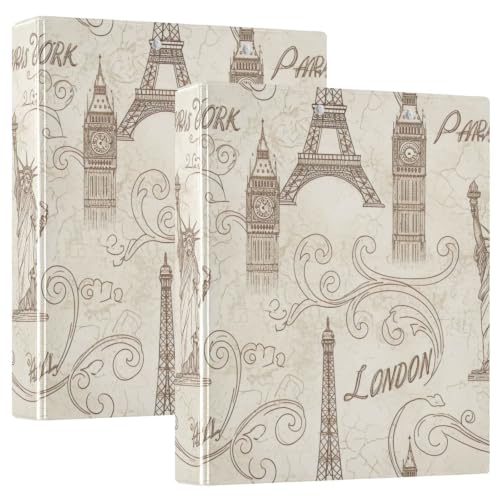 Classeur 3 anneaux vintage London Paris beige flexible en D 3.8 cm