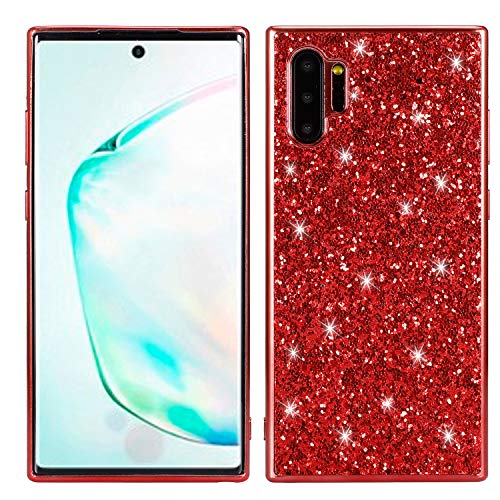 WIWJ Samsung Galaxy Note 10 Glitter Case,Soft Silicone Case Glitter Sparkle Sequins Rhinestones Glossy Case Soft Protective Shell Gel TPU Diamond Bumper Back Cover Female Shell -Red