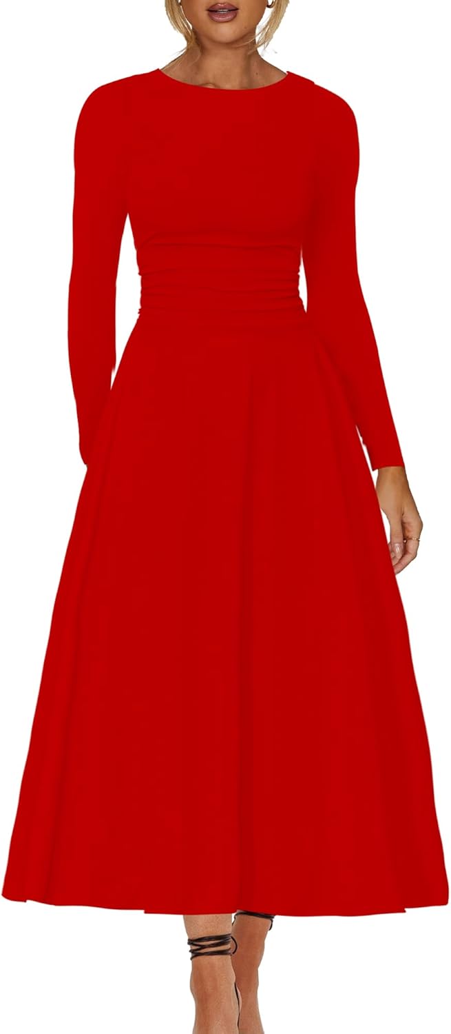 Kaximil Women's Long Sleeve Corset A Line Maxi Dress Ruffle Ruched Waist Flowy Long Dress